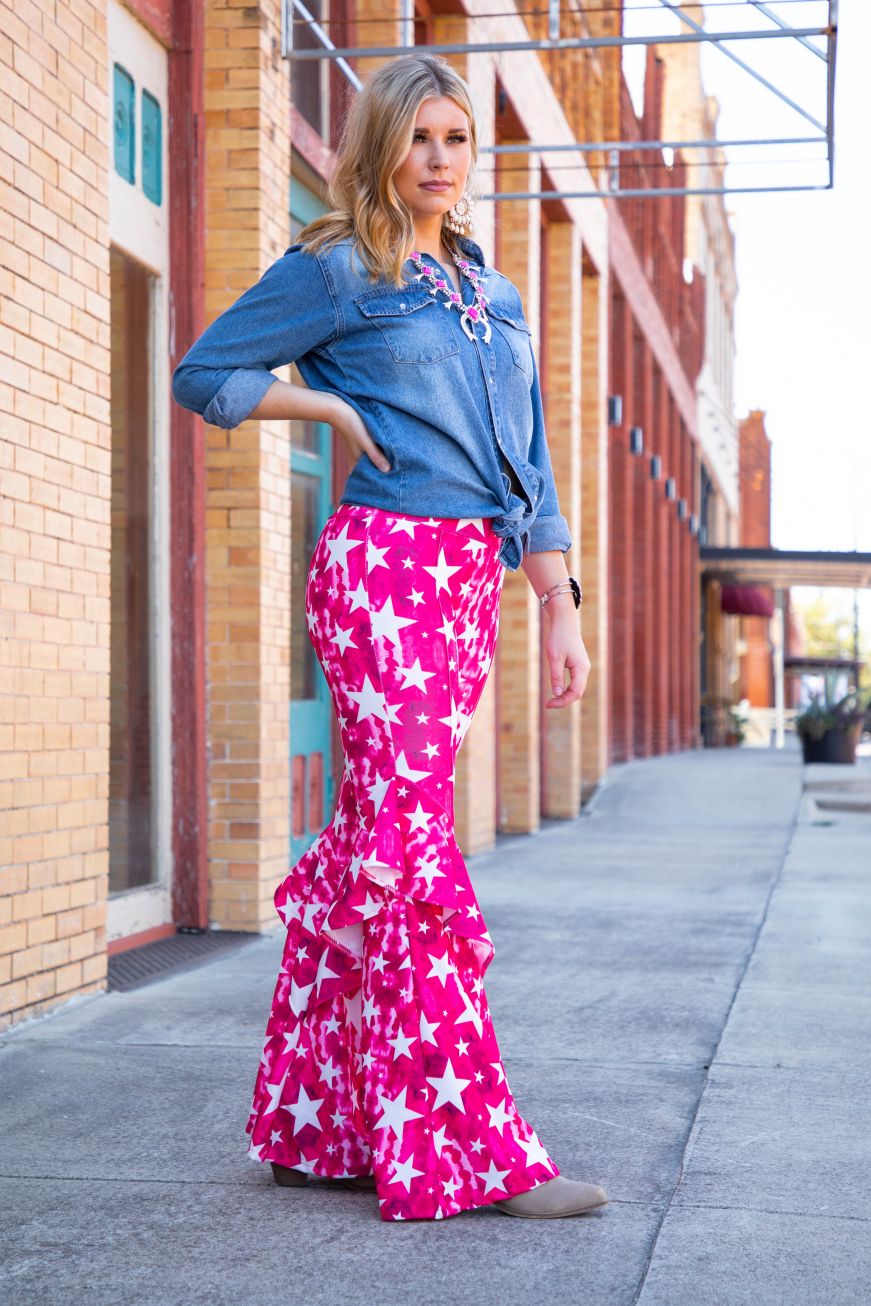 Pink Star Stretch Flares with Ruffle